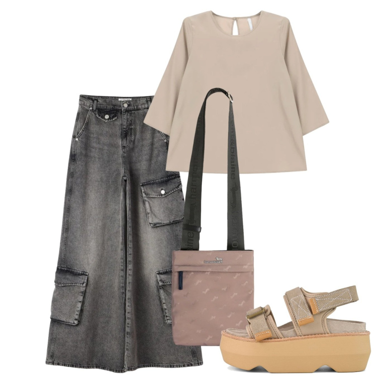 Outfit donna - Maggio. Stile Casual per Tutti i giorni. Abbinamento con jeans, bluse, borse a tracolla, sandali col tacco.