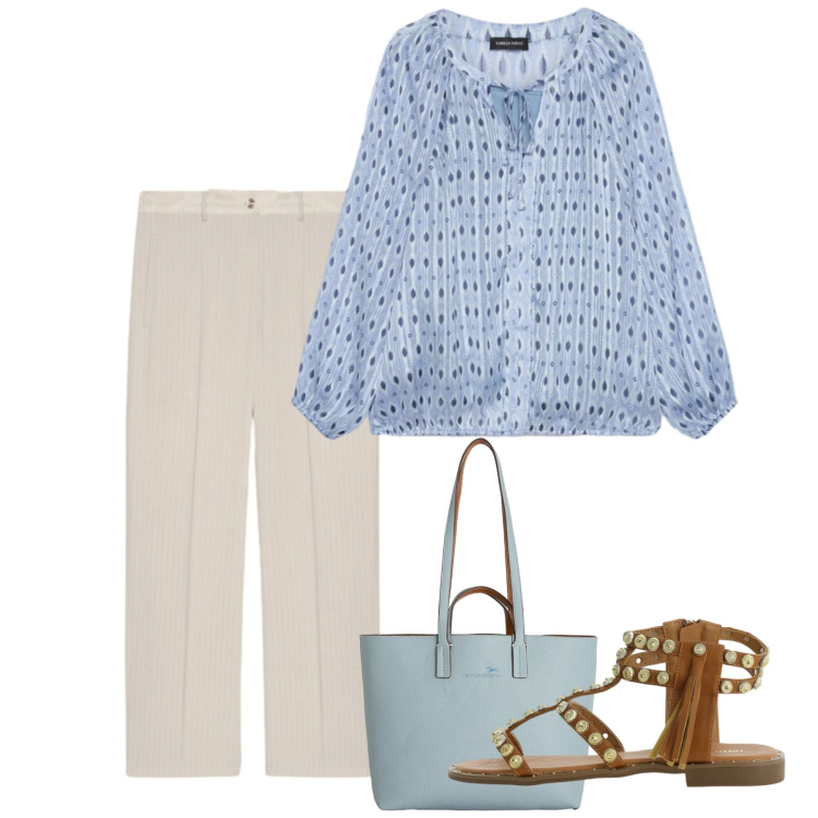 Outfit donna - Maggio. Stile Bon Ton per Tutti i giorni. Abbinamento con shopping bag, sandali, pantaloni, bluse.
