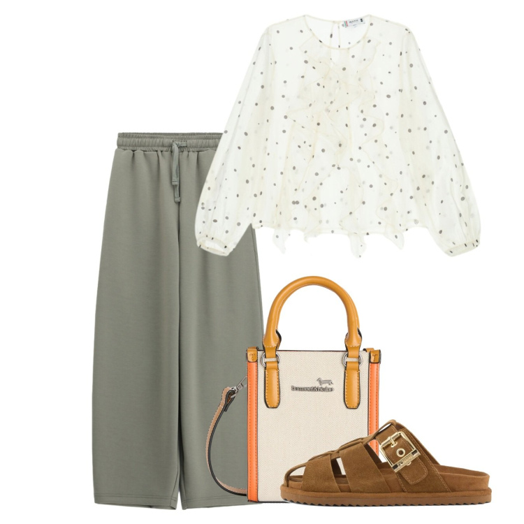 Outfit donna - Maggio. Stile Casual per Tutti i giorni. Abbinamento con borse tote, pantaloni a palazzo, bluse, sandali in pelle.