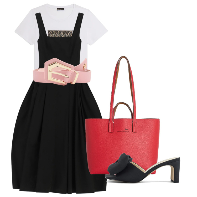 Outfit donna - Princess street. Stile Chic per Tutti i giorni. Abbinamento con shopping bag, vestiti midi/longuette, cinture, t-shirt, sandali col tacco.