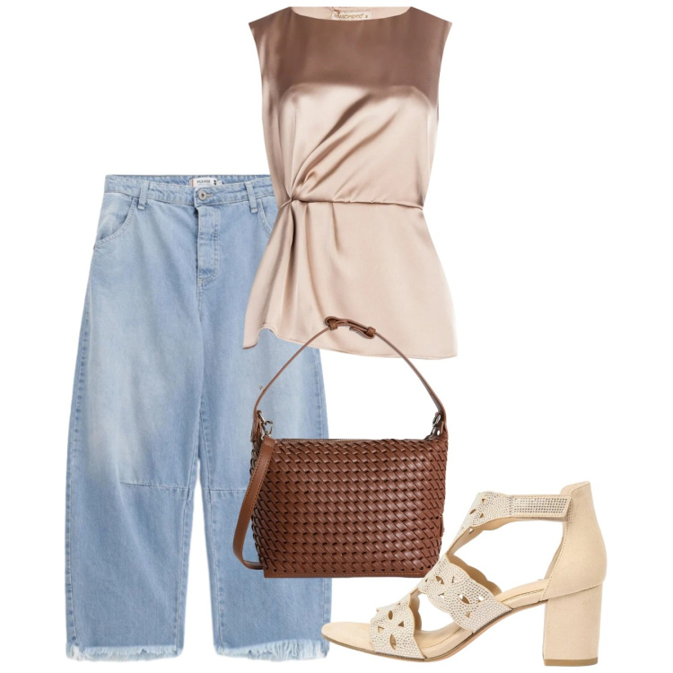 Outfit donna - Serata. Stile Casual chic per Serata fuori. Abbinamento con sandali col tacco, borse a spalla, jeans, bluse.