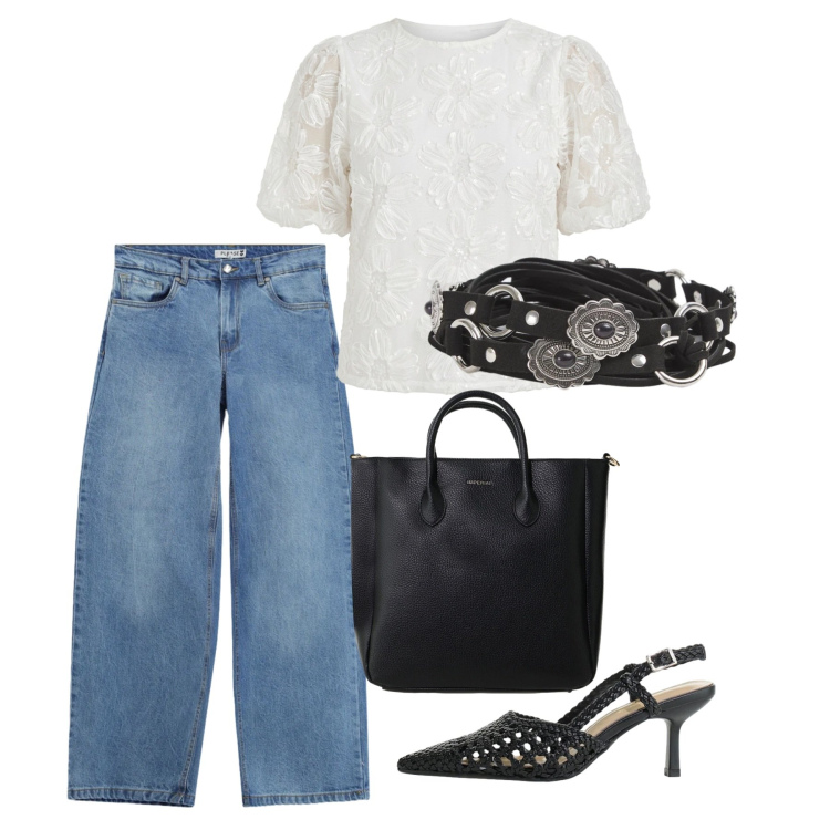 Outfit donna - Casual chic. Stile Casual chic per Serata fuori. Abbinamento con cinture, borse a tracolla, décolleté, jeans, bluse.