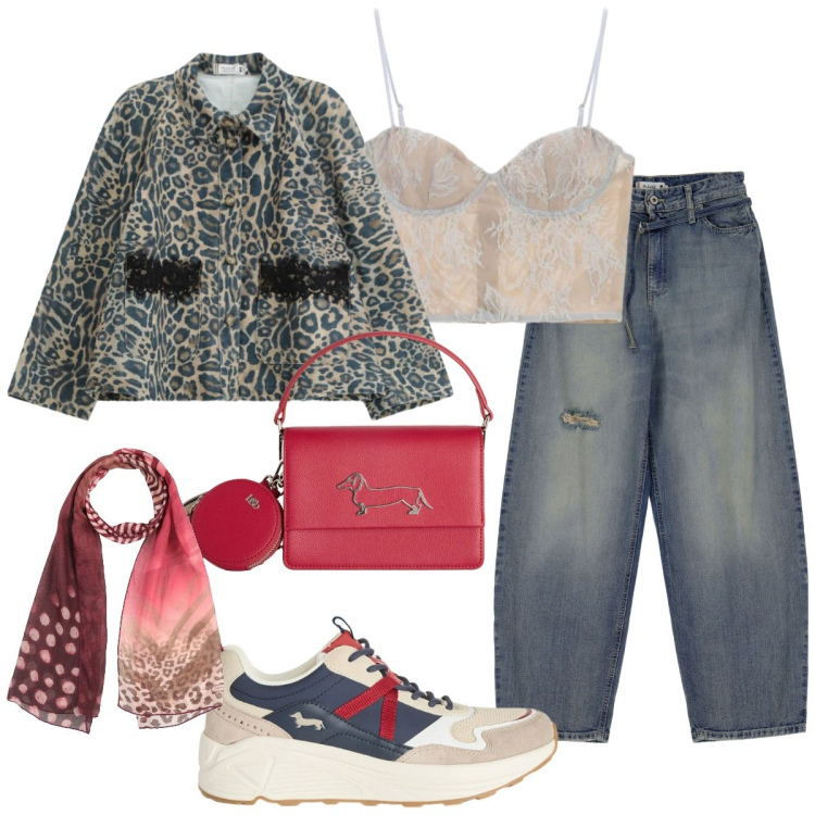 Outfit donna - Contest. Stile Casual per Tutti i giorni. Abbinamento con sciarpe, sneakers, borse a tracolla, canottiere, jeans, blazer.