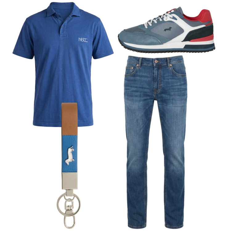 Outfit uomo - Total look. Stile Casual per Tutti i giorni. Abbinamento con portachiavi, jeans, sneakers, polo.
