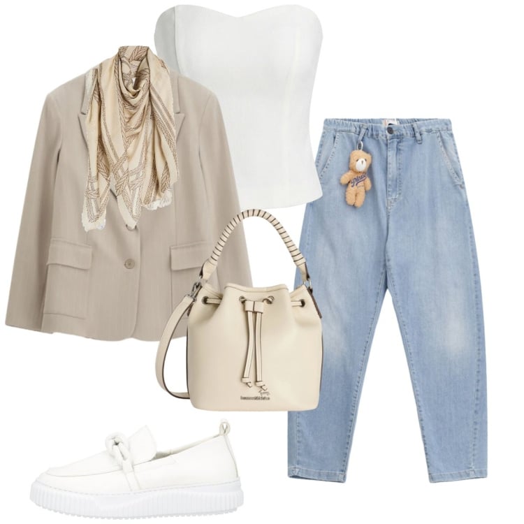 Outfit donna - Maggio. Stile Casual per Tutti i giorni. Abbinamento con mocassini, sciarpe, top, borse a secchiello, jeans, blazer.