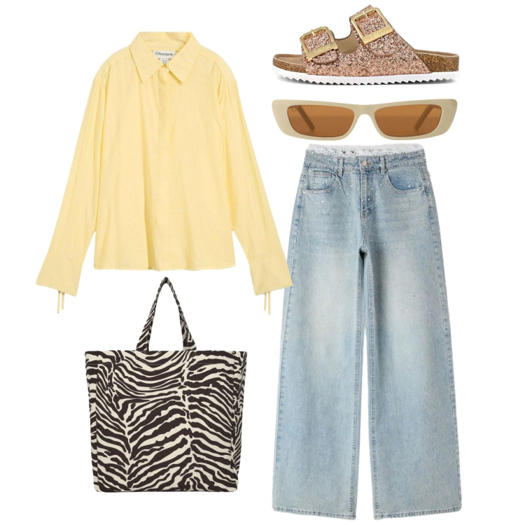 Outfit donna - Total look. Stile Casual per Tutti i giorni. Abbinamento con camicie, shopping bag, jeans, occhiali da sole, sandali.