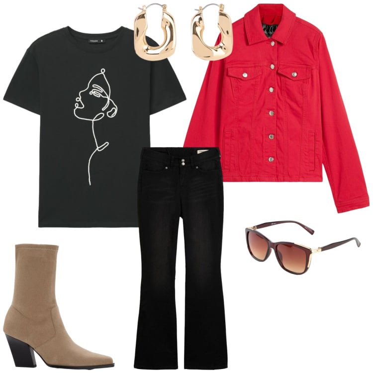 Outfit donna - Femminilità casual. Stile Casual per Tutti i giorni. Abbinamento con blazer, orecchini, stivaletti, occhiali da sole, jeans bootcut, t-shirt.