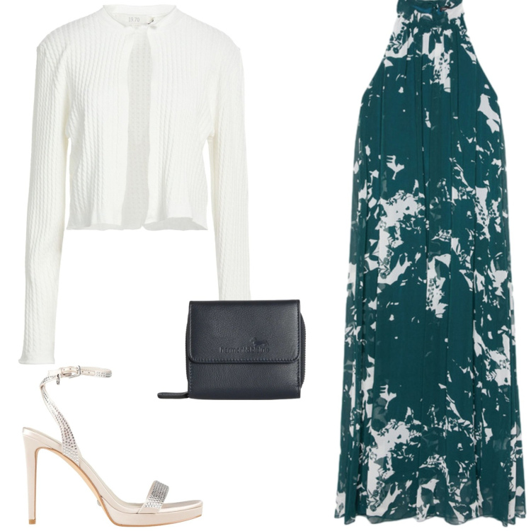 Outfit donna - L\'abito trendy da cerimonia. Stile Glamour per Cerimonia. Abbinamento con cardigans, sandali col tacco, portafogli, vestiti lunghi.