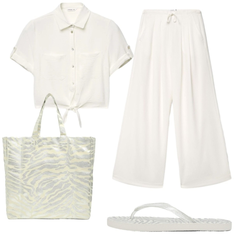 Outfit donna - White Summer Terranova. Stile Boho per Mare. Abbinamento con pantaloni, camicie a manica corta, shopping bag, infradito.