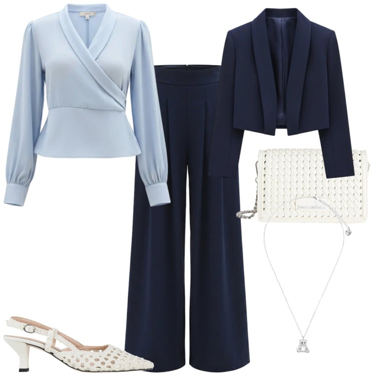Outfit donna - City. Stile Chic per Tutti i giorni. Abbinamento con décolleté, borse a tracolla, bolero, bluse, pantaloni a palazzo, ciondoli.