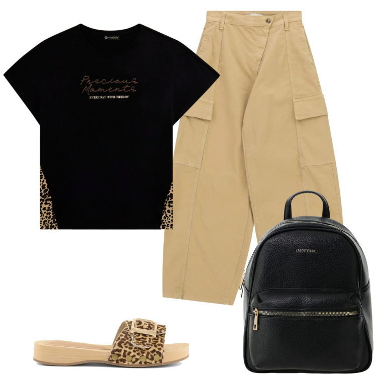 Outfit donna - Total look #2403449. Stile Urban per Mare. Abbinamento con zaini, pantaloni cargo, t-shirt, ciabatte.