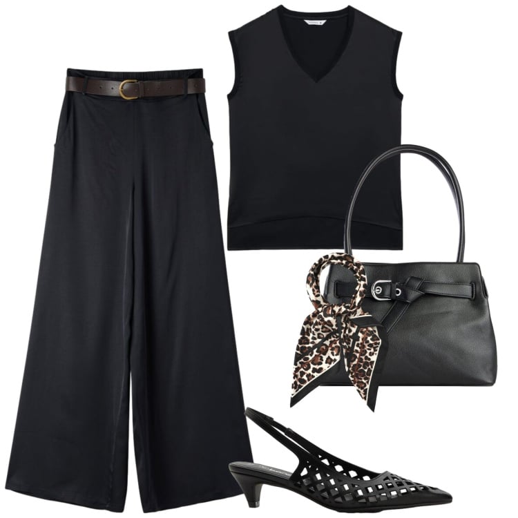 Outfit donna - City. Stile Urban per Tutti i giorni. Abbinamento con borse a mano, décolleté, pantaloni, top, foulard.