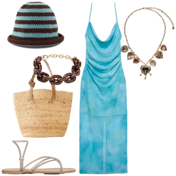 Outfit donna - Mare. Stile Boho per Mare. Abbinamento con shopping bag, braccialetti, sandali, vestiti lunghi, collane, berretti.