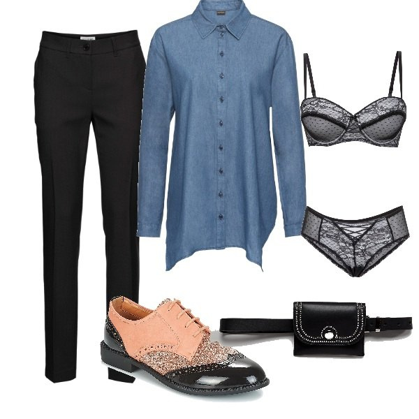 Outfit donna - Maschile e femminile possono coesistere!. Stile Basic per Tutti i giorni. Abbinamento con pantaloni, stivali, culotte, scarpe nero, pantalone corto con cintura e stampa con fibbia lunghezza regolabile nero.
