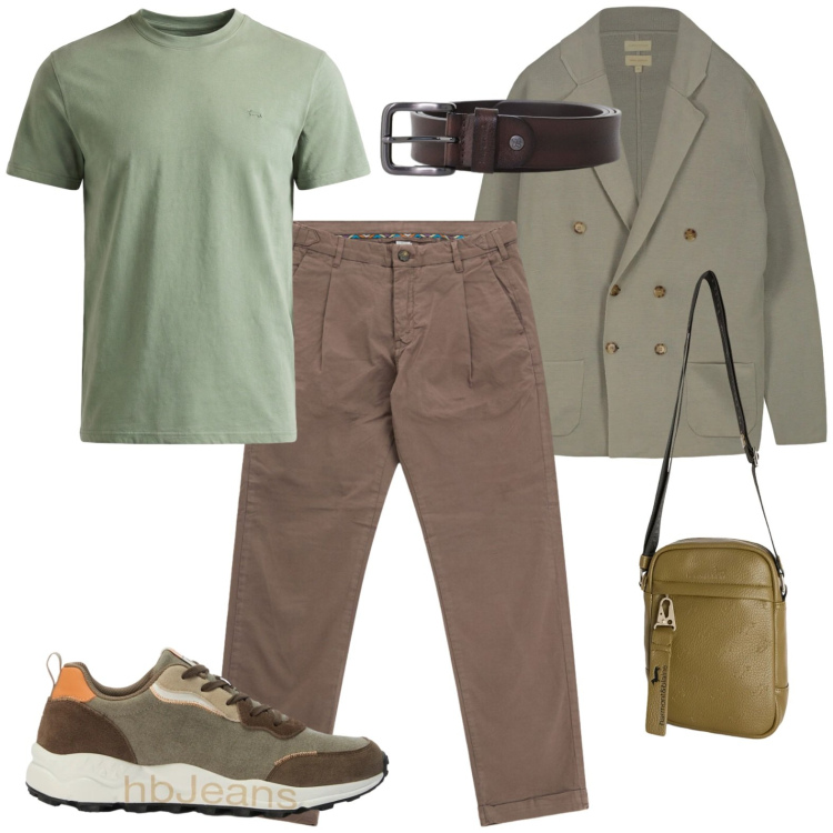 Outfit uomo - Brunch. Stile Casual per Tutti i giorni. Abbinamento con pantaloni, cinture, borse sportive, t-shirt, sneakers, cardigans.