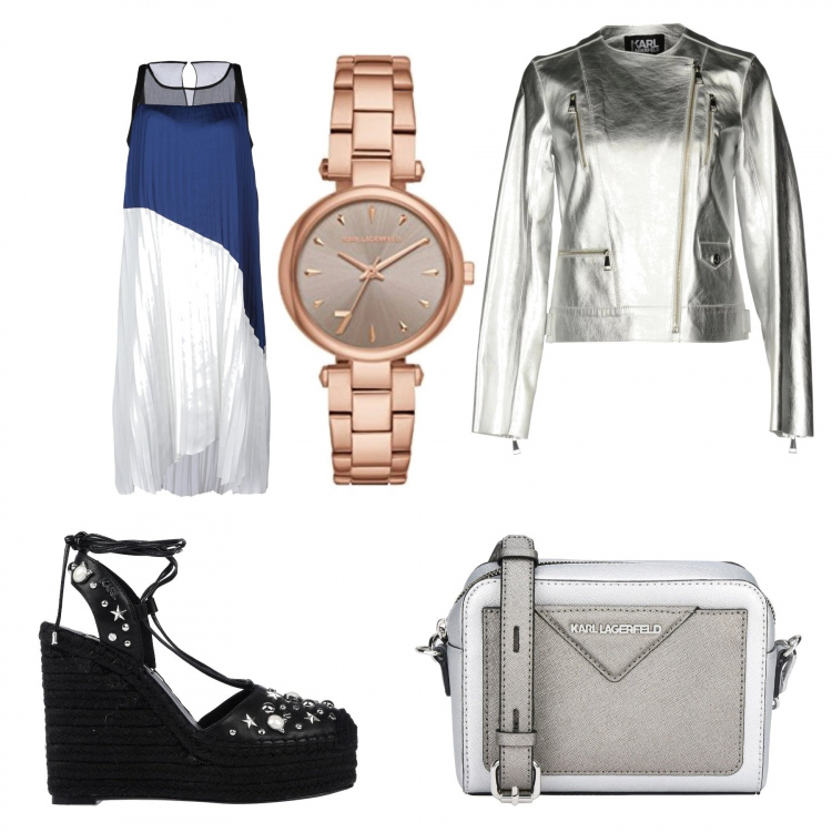 Outfit donna - Chic #2390. Stile Chic per Serata fuori. Abbinamento con vestito fantasia multicolore plissè collo tondo interno foderato in raso crêpe, espadrillas con zeppe e borchie con punta tonda tinta unita, borsa a tracolla mini fantasia effetto laminato con zip interno foderato in pelle, giubbotto effetto laminato collo tondo a maniche lunghe con zip interno sfoderato in pelle tinta unita, orologio analogico con cinturino in acciaio inox con sfere.
