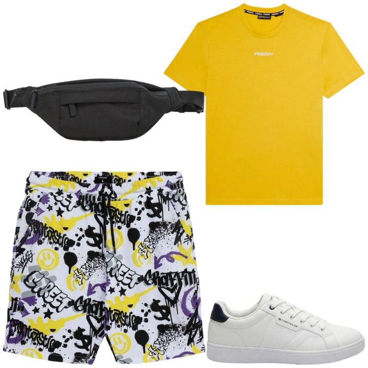 Outfit uomo - Tempo libero. Stile Casual per Tutti i giorni. Abbinamento con sneakers, pantaloni corti, borse sportive, t-shirt.