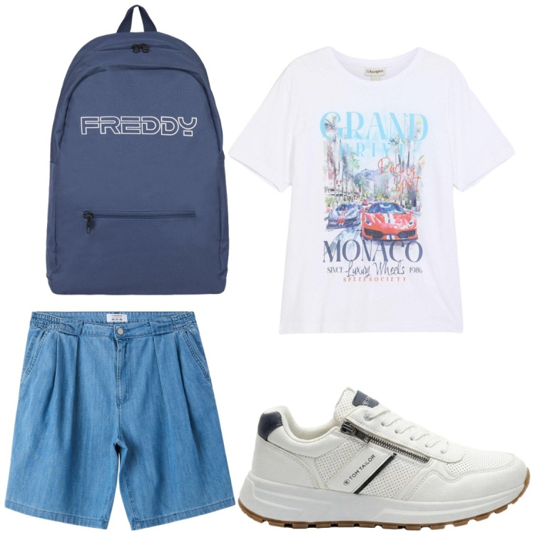 Outfit uomo - Tempo libero. Stile Casual per Tutti i giorni. Abbinamento con sneakers, t-shirt, shorts, borse sportive.