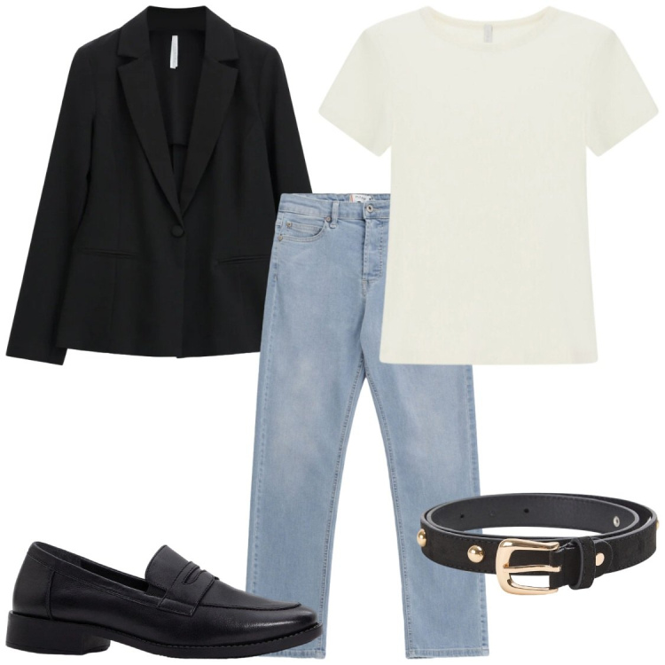 Outfit donna - Come in finale di Pretty Woman. Stile Casual chic per Ufficio. Abbinamento con mocassini, cinture, blazer, t-shirt, jeans.