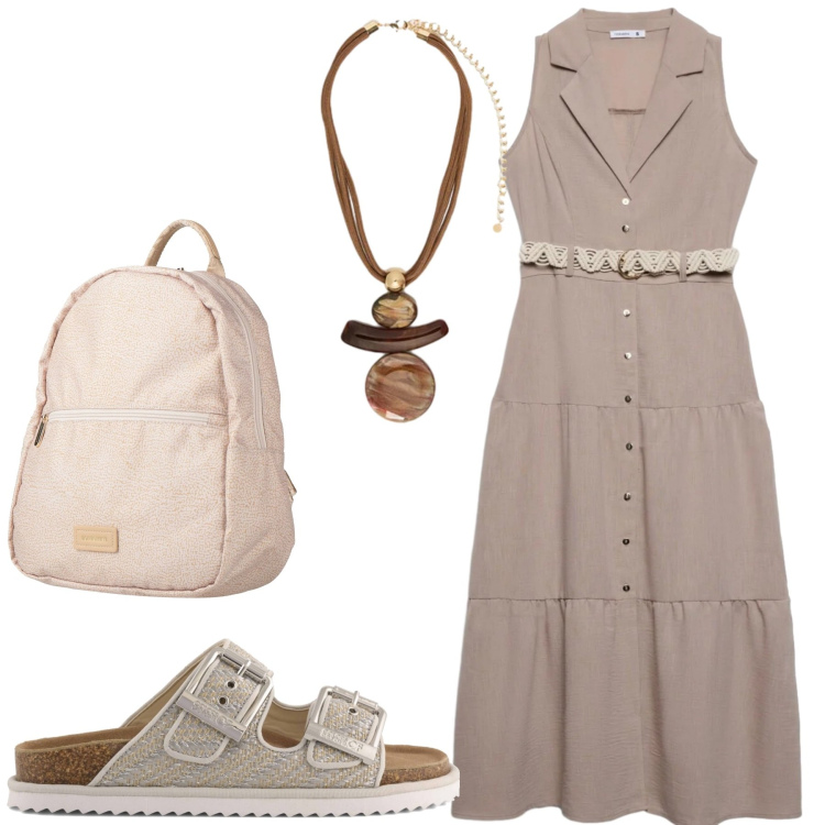 Outfit donna - Eleganza Naturale. Stile Boho per Tutti i giorni. Abbinamento con zaini, vestiti chemisier, bluse, reggiseni, ciondoli, sandali.