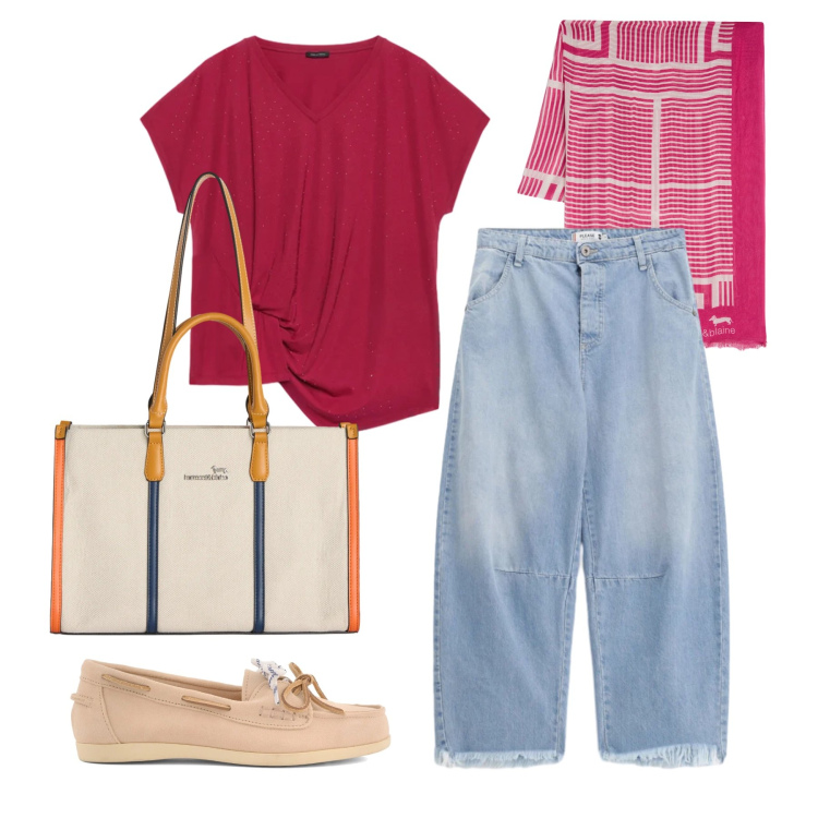 Outfit donna - Maggio. Stile Casual per Tutti i giorni. Abbinamento con sciarpe, borse tote, jeans, t-shirt, mocassini.