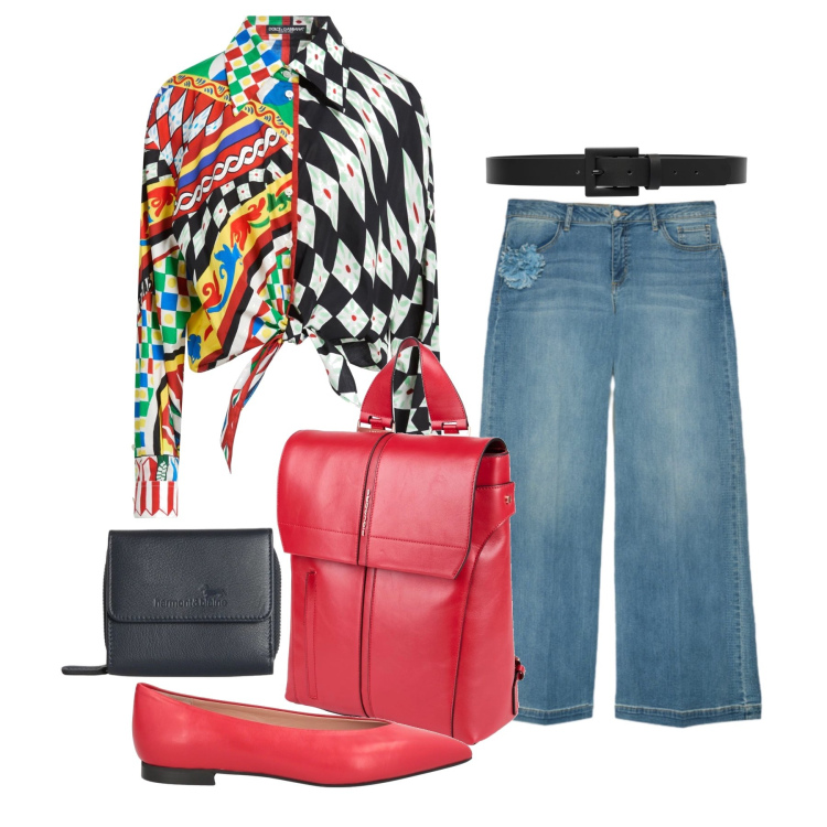 Outfit donna - Maggio. Stile Trendy per Tutti i giorni. Abbinamento con zaini, ballerine, camicie, portafogli, cinture, jeans.