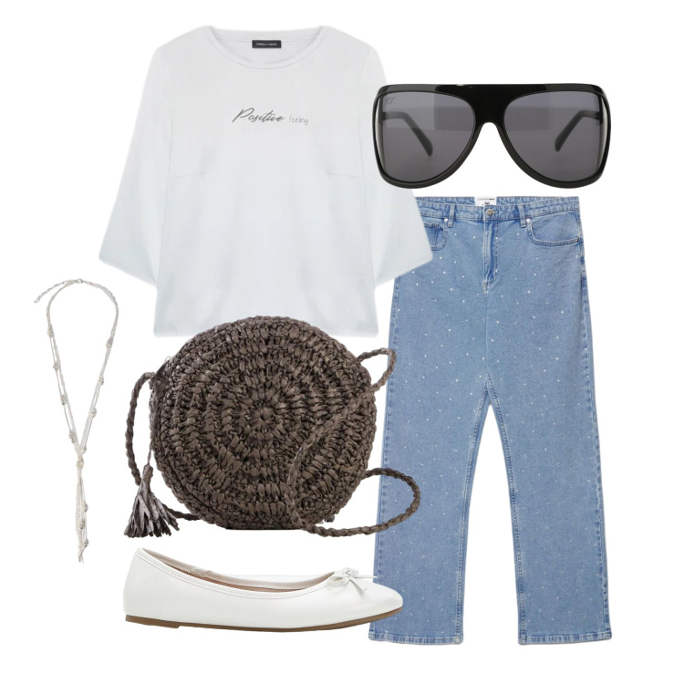 Outfit donna - Maggio. Stile Basic per Tutti i giorni. Abbinamento con ballerine, borse a tracolla, jeans dritti, occhiali da sole, bluse, collane.