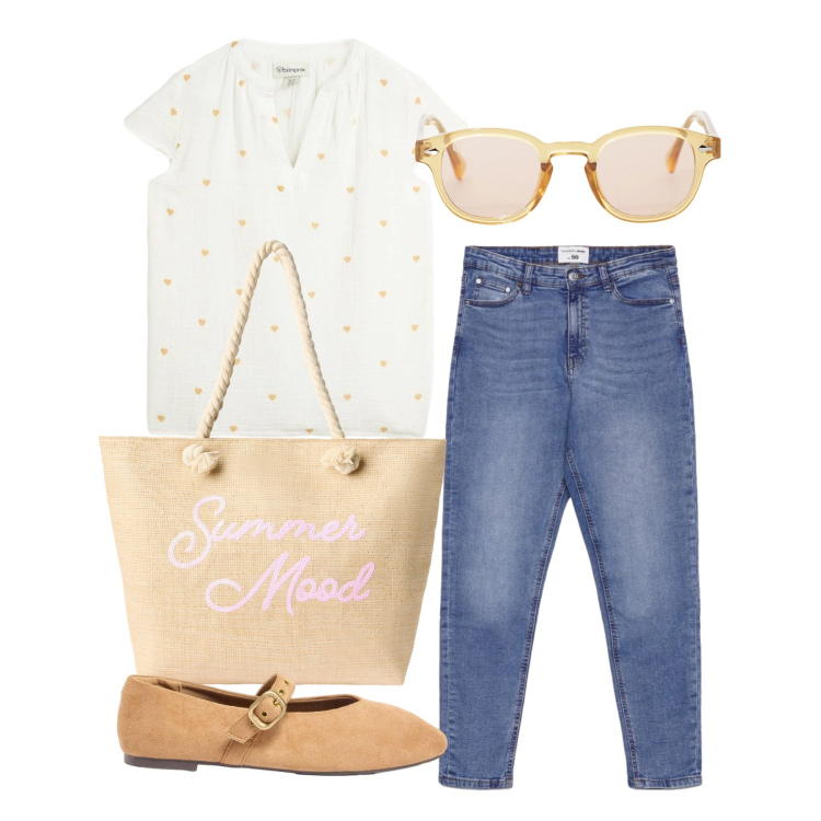 Outfit donna - Maggio. Stile Basic per Tutti i giorni. Abbinamento con ballerine, tuniche, jeans skinny, borse tote, occhiali da sole.