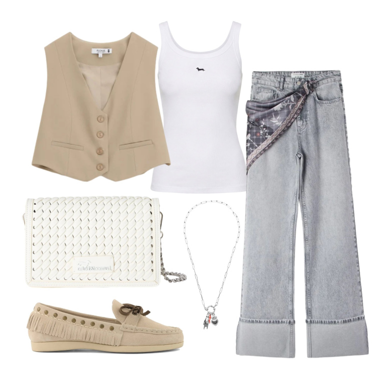 Outfit donna - Maggio. Stile Trendy per Tutti i giorni. Abbinamento con jeans, borse a tracolla, canottiere, gilet, ciondoli, mocassini.