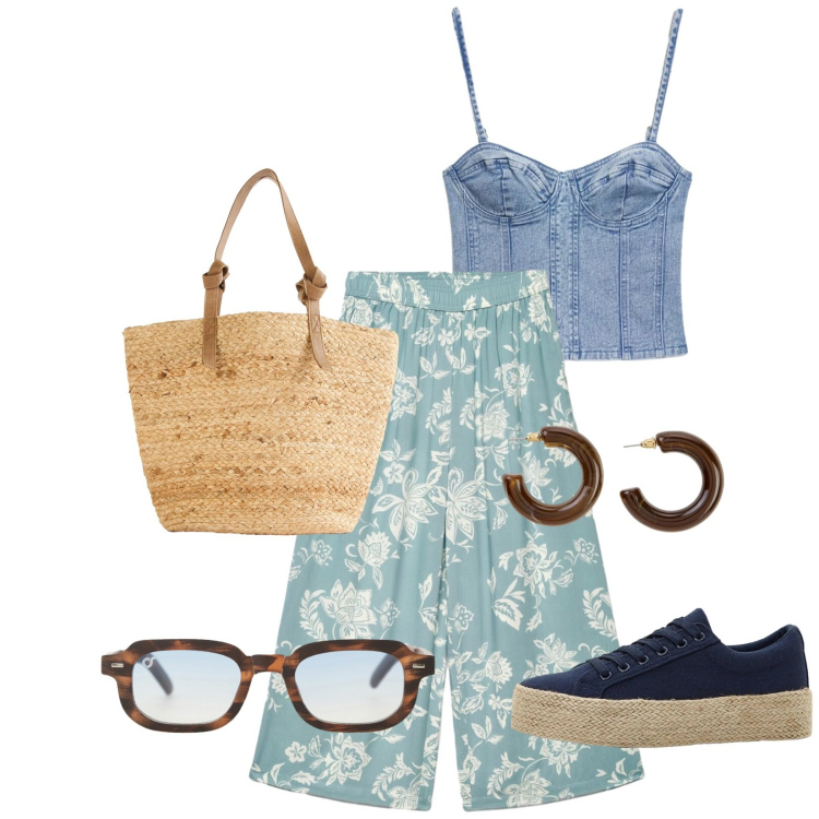 Outfit donna - Total look #2403487. Stile Casual chic per Mare. Abbinamento con sneakers, shopping bag, orecchini, top, pantaloni a palazzo, occhiali da sole.