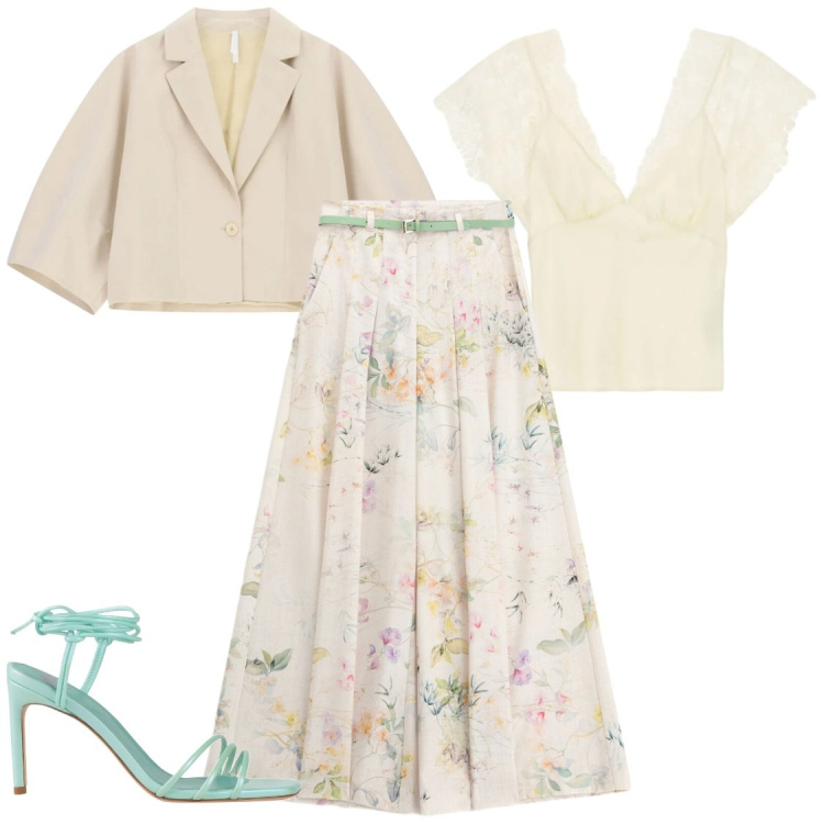 Outfit donna - Tempo di eventi. Stile Chic per Cerimonia. Abbinamento con sandali in pelle, pantaloni a palazzo, canottiere, blazer.