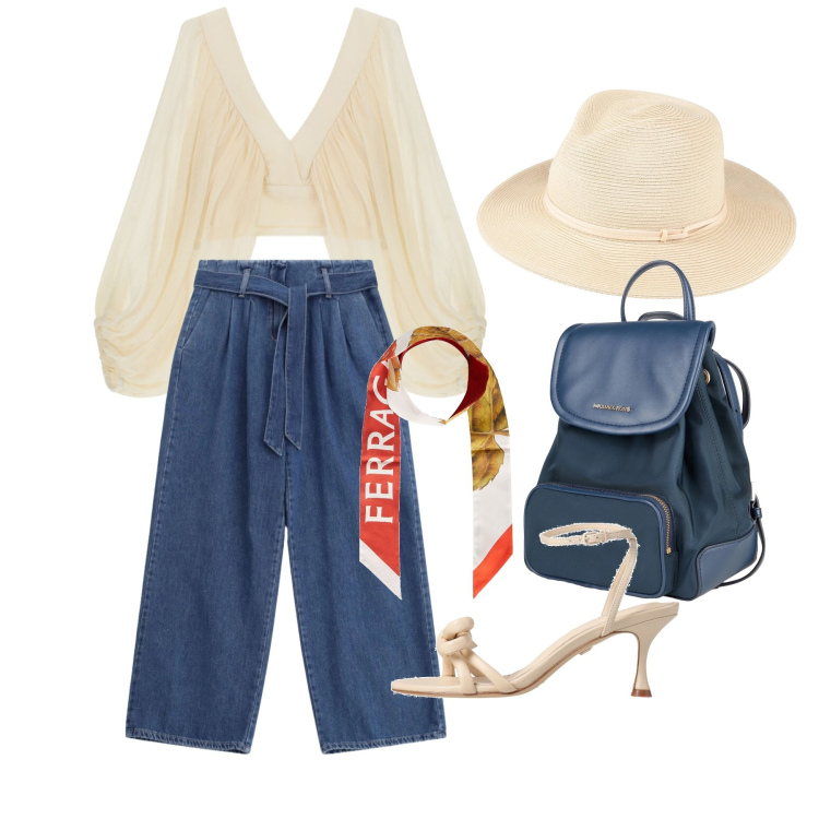 Outfit donna - Maggio. Stile Romantica per Tutti i giorni. Abbinamento con zaini, cappelli, sciarpe, sandali in pelle, jeans, top.