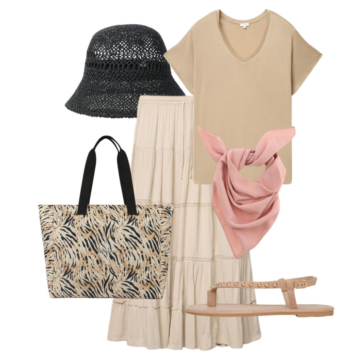 Outfit donna - Total look #2403491. Stile Casual per Mare. Abbinamento con gonne lunghe, t-shirt, ciabatte, cappelli, foulard, shopping bag.