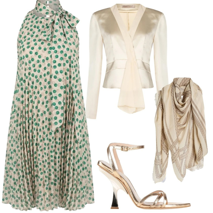 Outfit donna - Con la sciarpa come stola. Stile Glamour per Cerimonia. Abbinamento con sandali in pelle, sciarpe, vestiti corti, blazer.