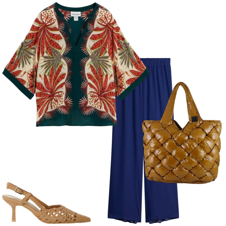 Outfit donna - Stampe che raccontano. Stile Casual chic per Tutti i giorni. Abbinamento con tuniche, pantaloni, décolleté, borse tote.