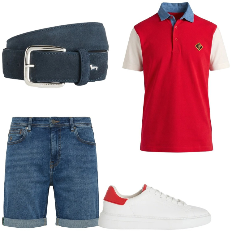 Outfit uomo - Con amici. Stile Trendy per Tutti i giorni. Abbinamento con cinture, sneakers, polo, bermuda.