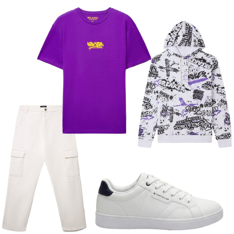 Outfit uomo - Tempo libeto. Stile Casual per Tutti i giorni. Abbinamento con sneakers, pantaloni cargo, felpe con cappuccio, t-shirt.