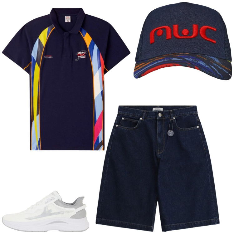 Outfit uomo - Gite. Stile Casual per Tutti i giorni. Abbinamento con cappelli con visiera, polo, bermuda, sneakers.