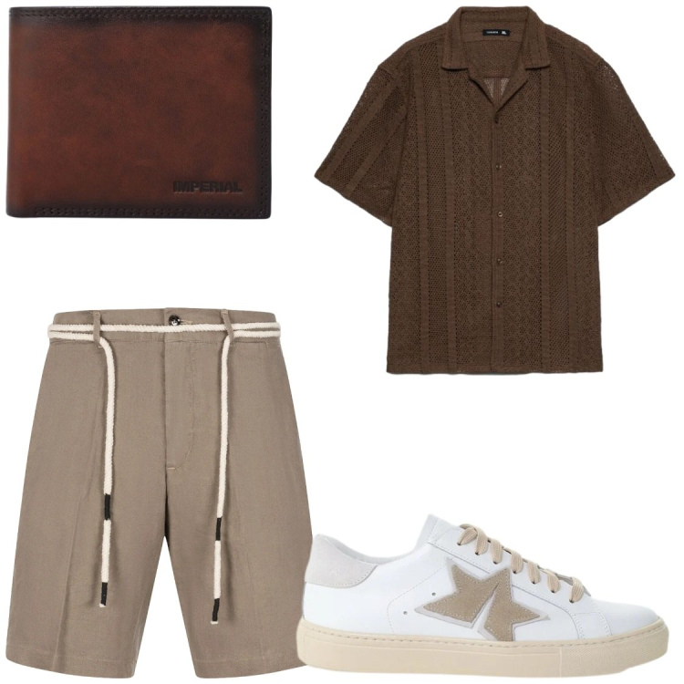 Outfit uomo - La maglia camicia. Stile Trendy per Serata speciale. Abbinamento con camicie a manica corta, portafogli, sneakers, bermuda.