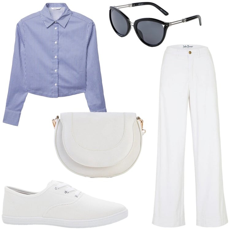 Outfit donna - Minimal chic. Stile Minimal per Tutti i giorni. Abbinamento con jeans, sneakers, borse a tracolla, occhiali da sole, camicie.