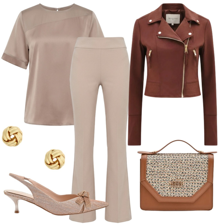 Outfit donna - Io. Stile Casual chic per Cerimonia. Abbinamento con pantaloni, giacche, décolleté, bluse, pochette, orecchini.