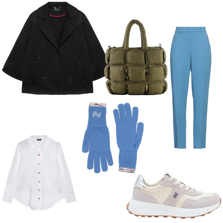 Outfit donna - Urban Lady. Stile Casual chic per Tutti i giorni. Abbinamento con camicie, cappotti, sneakers, borse a mano, guanti, pantaloni.