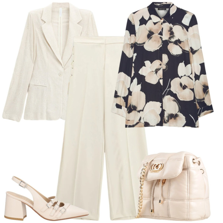Outfit donna - Stampe che raccontano - curvy. Stile Chic per Cerimonia. Abbinamento con décolleté, valigie, pantaloni, blazer, camicie.