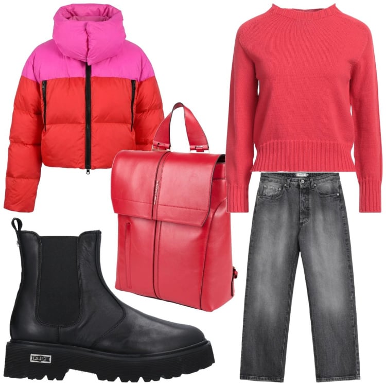 Outfit donna - Rosso e fucsia. Stile Urban per Tutti i giorni. Abbinamento con pullovers, zaini, stivaletti, jeans, piumini.