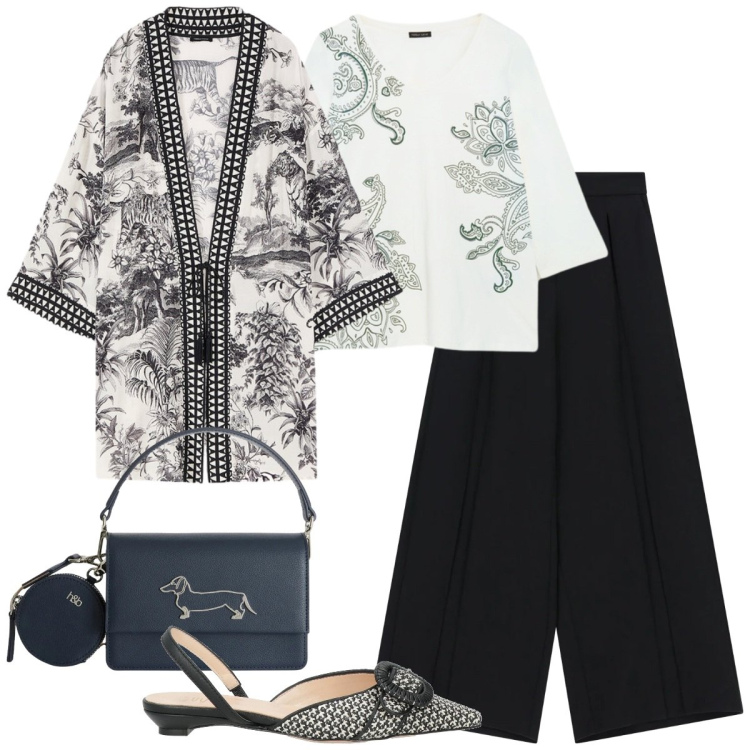 Outfit donna - Stampe che raccontano - curvy. Stile Chic per Serata fuori. Abbinamento con ballerine, borse a tracolla, pantaloni a palazzo, t-shirt, caftani.