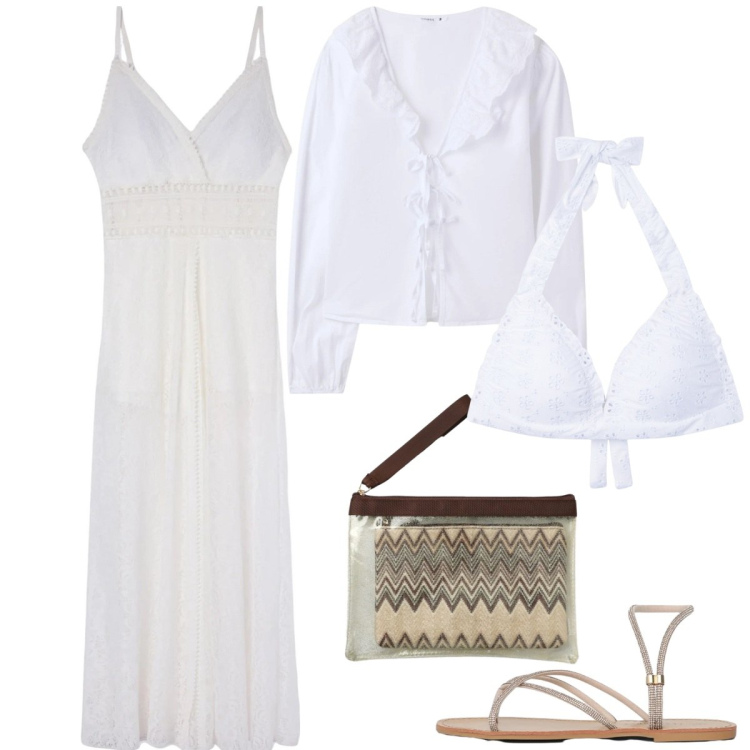 Outfit donna - Terranova White Boho Mood. Stile Boho per Mare. Abbinamento con camicie, vestiti lunghi, bikini, sandali, pochette.
