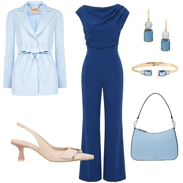 Outfit donna - I colori del cielo. Stile Chic per Cerimonia. Abbinamento con décolleté, tute, blazer, borse a spalla, orecchini, braccialetti.