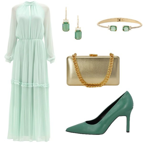 Outfit donna - Verde e oro. Stile Chic per Cerimonia. Abbinamento con décolleté, vestiti lunghi, braccialetti, clutch, orecchini.