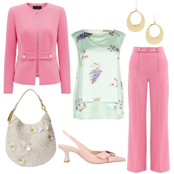 Outfit donna - Cerimonia in completo rosa. Stile Romantica per Cerimonia. Abbinamento con décolleté, top, pantaloni a palazzo, blazer, pochette, orecchini.