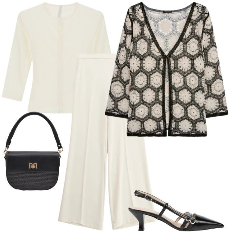 Outfit donna - Stampe che raccontano. Stile Casual chic per Serata fuori. Abbinamento con décolleté, borse a spalla, pantaloni a palazzo, top, cardigans.